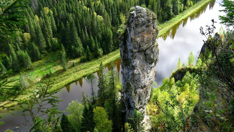 coniferous tree, 1080P, beauty in nature, day, land, growth, lush foliage, outdoors, green color, trees, lake, plant, birds eye view, forest, rock, water