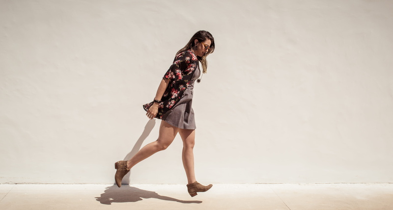 brown hair, daytime, shoe, standing, style, hairstyle, shadow, run, women, beauty, adult, concrete, wearing, fashion, profile, beside, near, copy space