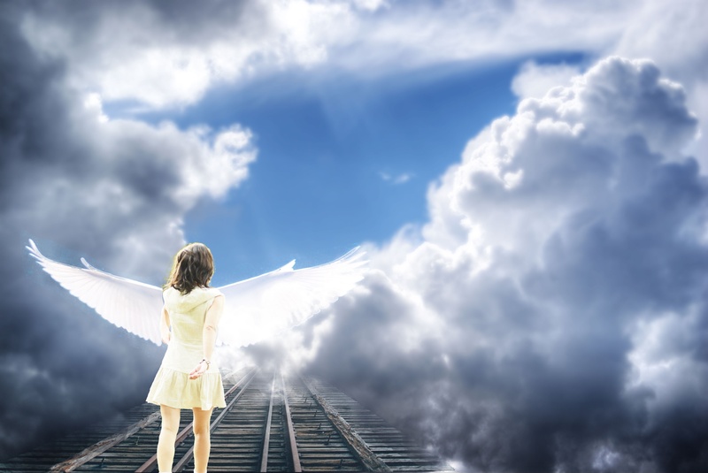 live, rear view, illustration, women, standing, outdoors, wearing, people, arms outstretched, clouds, heavenly, dress, arms raised, one person, sky, soul