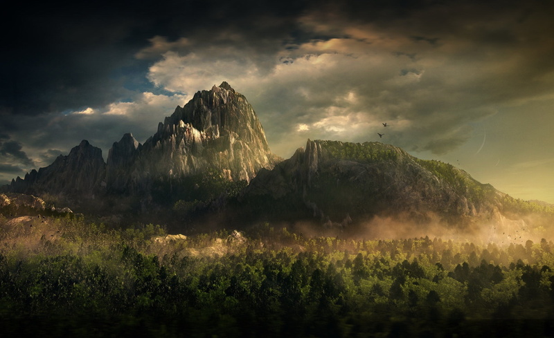 3D, nature, formation, rock - object, solid, green, environment, cloud - sky, scenics - nature, Mountain, remote, outdoors, trees, Artistic, digital