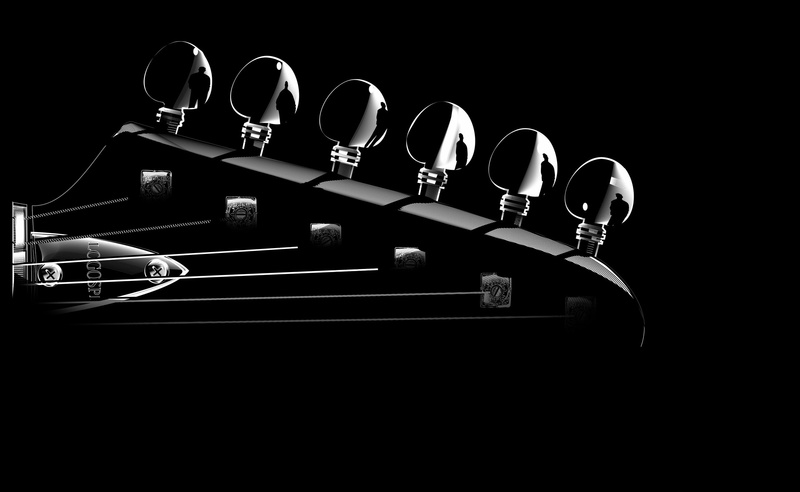 copy space, close-up, head, large group of objects, metal, kitchen utensil, guitar, collection, cut out, fork, indoors, equipment, leisure games, grayscale