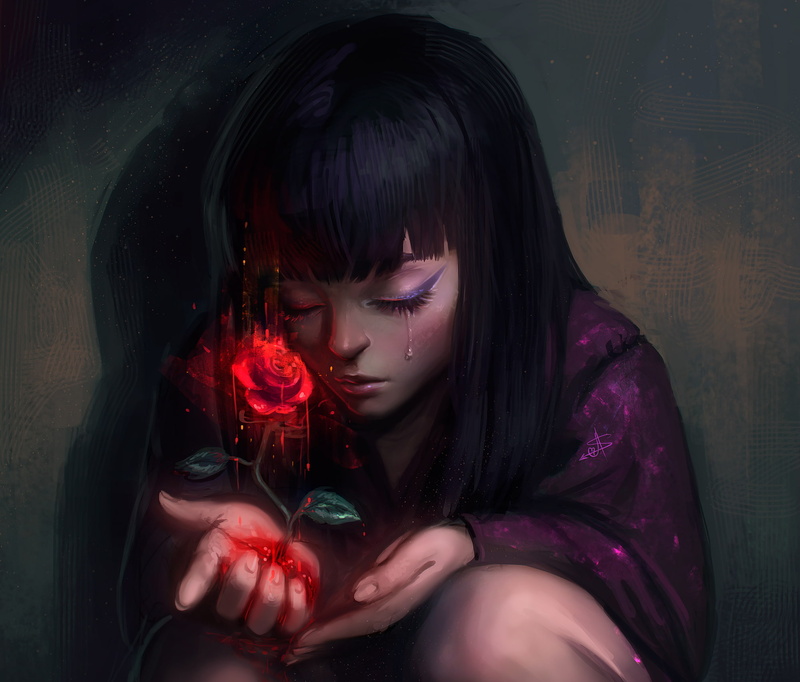 Girl, Black Hair, Red Rose, Crying, Fantasy, Rose, Sad, Women, 1080P