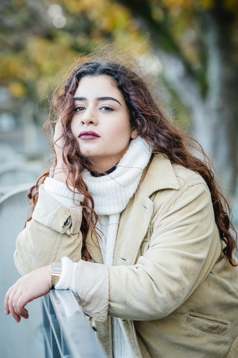adult, hair, one person, clothing, redhair, girl, front view, focus on foreground, contemplation, trees, scarf, beautiful woman, outdoors, portrait, autumn