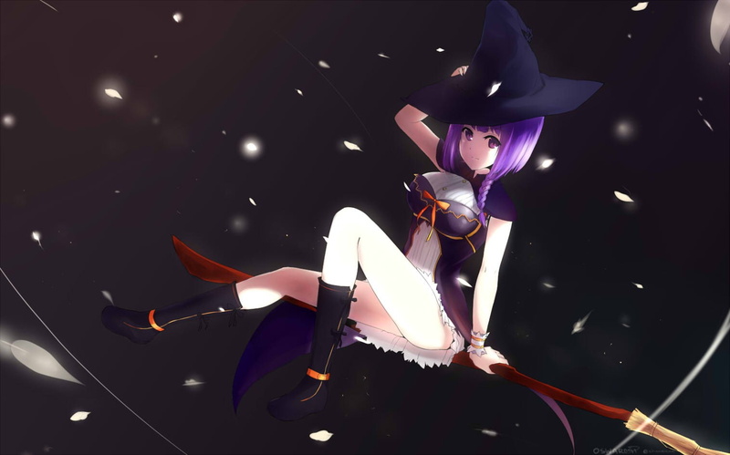 purple eyes, purple hair, anime, anime girls, witch hat, 720P, legs, witch, short hair