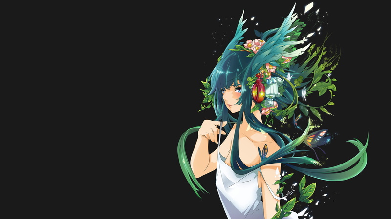 Saya no Uta, green hair, leaves, flowers, long hair, 4K, dress, anime girls, Saya, simple background