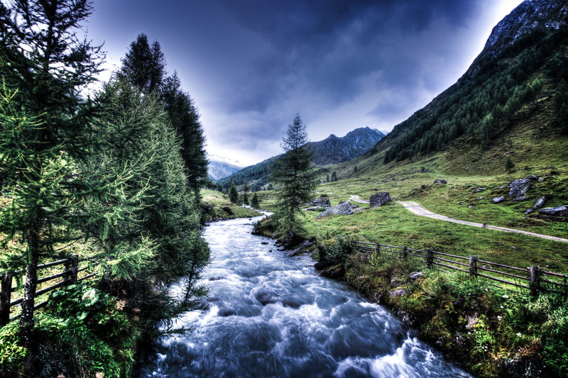 sky, trees, pine trees, outdoors, woods, tranquil, highlands, tranquil scene, no people, rocks, tranquility, fir trees, river, flow, forest, clouds, flowing