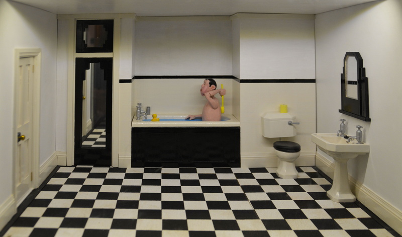 domestic, contemporary, domestic room, play, doll house, domestic Bathroom, home interior, structure, checked pattern, miniature, small, domestic life
