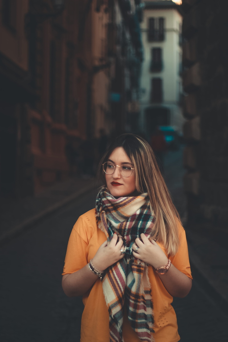 city, accessories, beauty, glasses, focus on foreground, stole, scarf, casual clothing, long hair, person, portrait, clothing, lifestyles, hairstyle, fashion