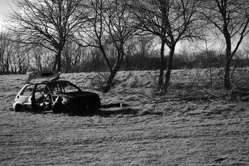 thamesmead, obsolete, dumped, theft, scenics - nature, outdoors, landscape, land vehicle, grass, car, abandoned, wrecked, bare tree, 5K, vehicle, no people