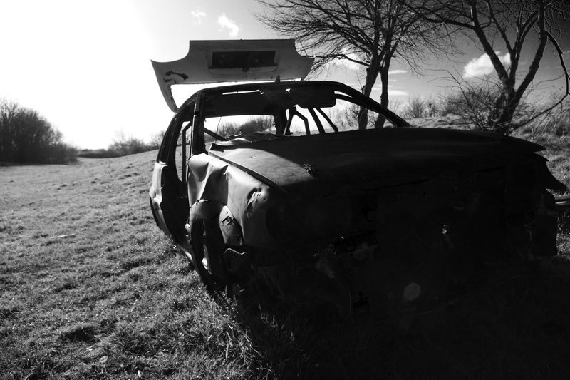 destroyed, Car, tree, obsolete, day, ruined, transportation, field, stationary, wrecked, motor vehicle, land vehicle, wreck, vandals, 5K, Burnt Out, rural scene
