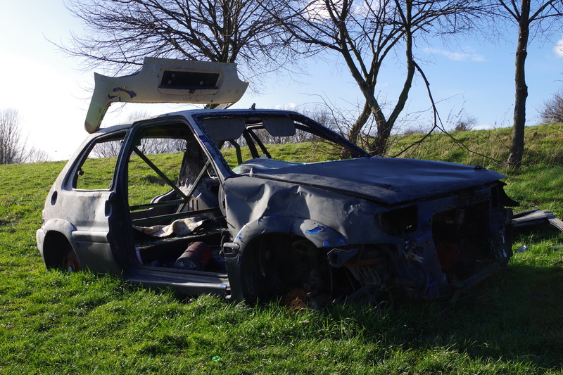 transportation, damaged, london, agricultural machinery, vandalised, vehicle, broken, daytime, near, bare tree, dumped, burnt out, thamesmead, land, field