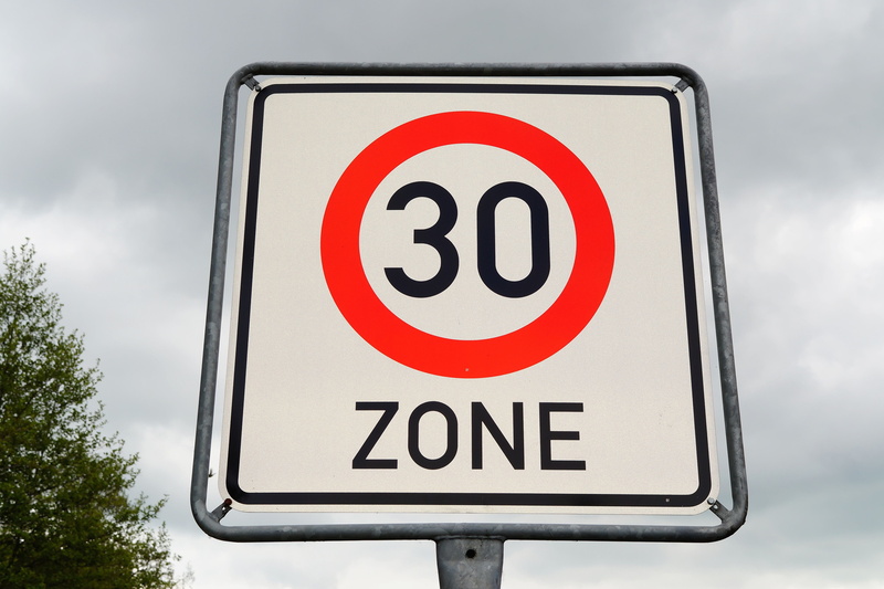 signage, prohibition signs, outdoors, Road Sign, speed limitation, cloud - sky, guidance, Zone 30, day, sign, warning symbol, nature, danger, communication