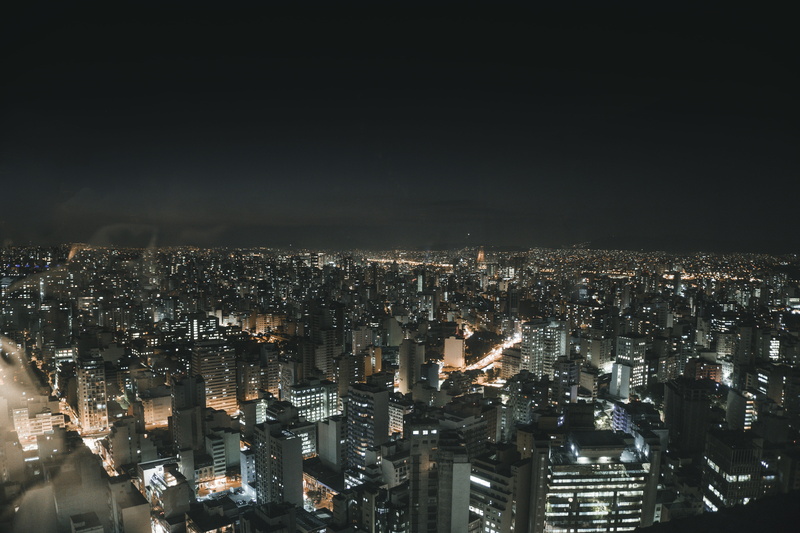 crowded, city lights, sky, cars, illuminated, lights, tall, office building exterior, skyscrapers, buildings, high angle view, urban, crowd, architecture