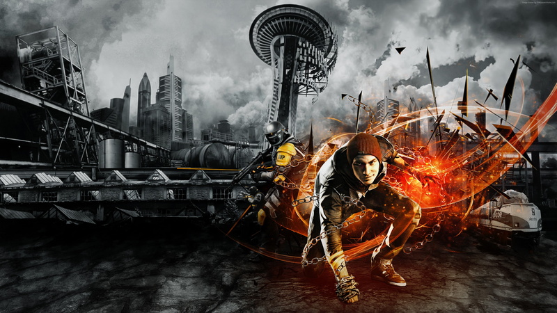game, screenshot, yellow, police, sparks, Seattle, fire, InFAMOUS Second Son, D.U.P., Cole MacGrath, art, 4K, explosion