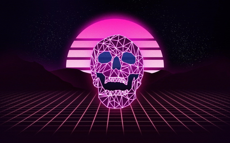 digital art, neon, skull, synthwave, 2K