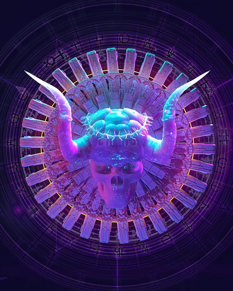 neon, horns, crown, digital art, skull, 1080P