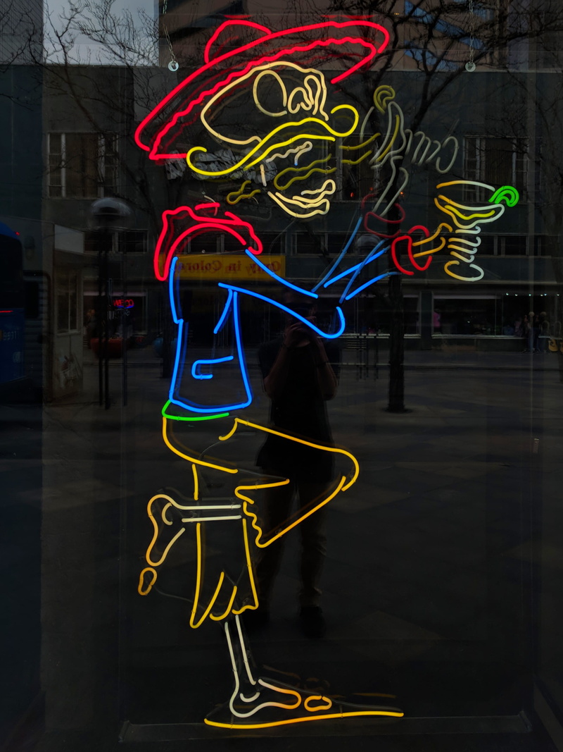 red, drink, illuminated, text, holding, skull, art and craft, creativity, architecture, graffiti, neon, yellow, martini, representation, building exterior