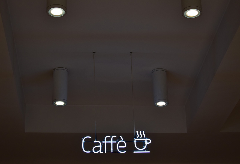 sign, 5K, built structure, night, neon, communication, electric lamp, cafe, western script, wall - building feature, coffee, word, caffe, white color