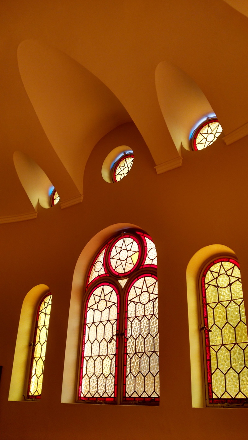 architecture and art, arch, ceiling, red, coloured, glass, pattern, no people, building, yellow, stained glass, lighting equipment, glass - material, religion