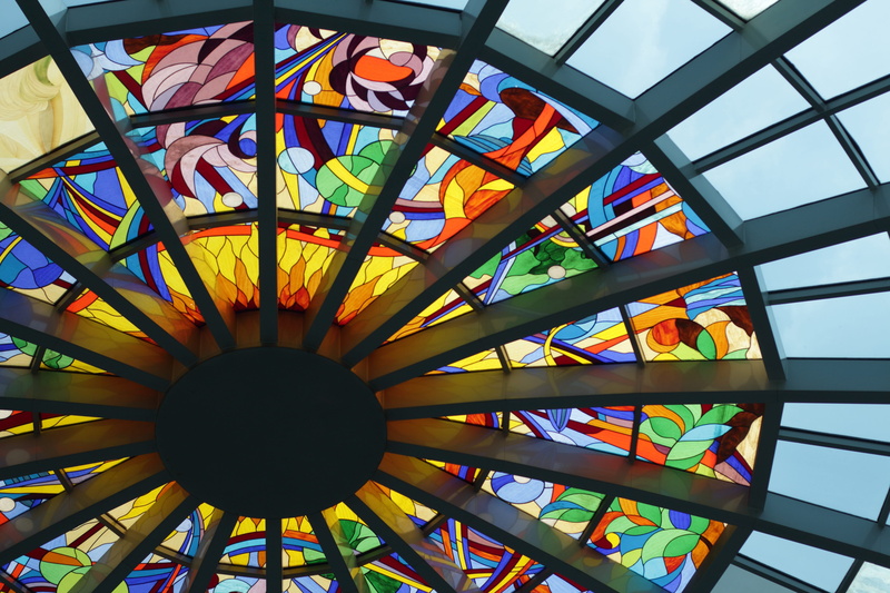 full frame, no people, shape, colourful, pattern, multi colored, directly below, day, geometric shape, 5K, stained, indoors, pin, design, architecture