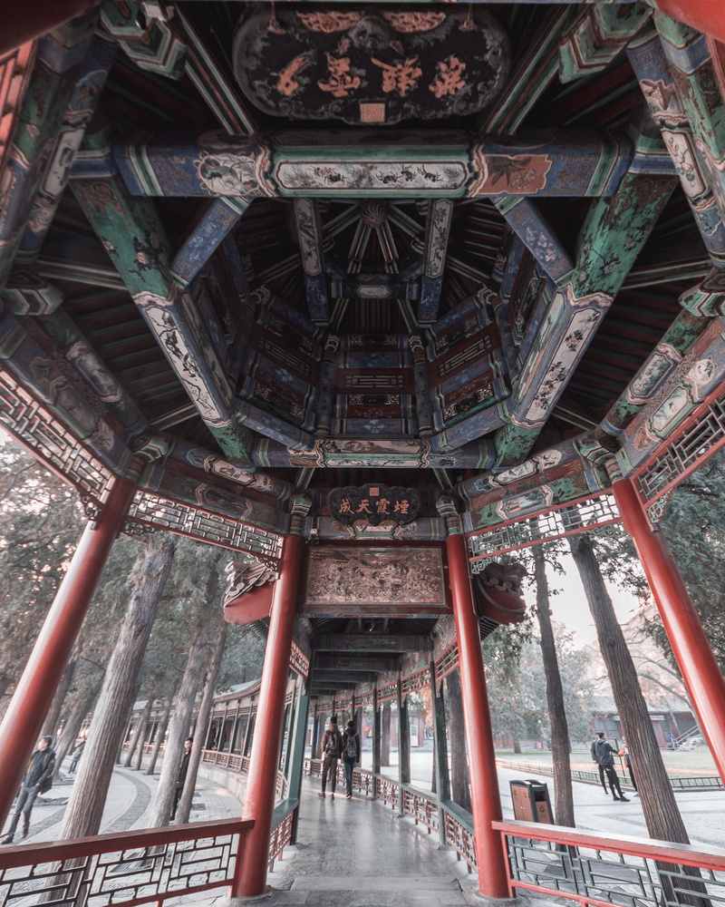 architectural feature, colour, path, china, red, decoration, religion, hallway, culture, detail, pattern, metal, day, building exterior, travel destinations