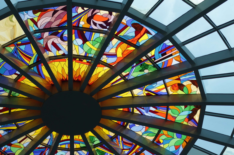 close-up, pattern, multi colored, directly below, glass, design, colourful, geometric shape, stained glass, 4K, day, decoration, architecture, art and craft