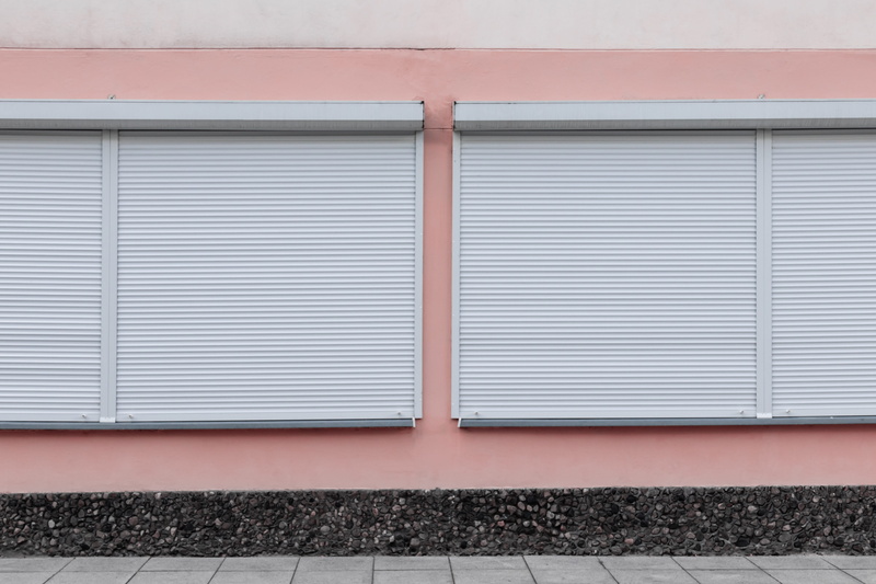 building Exterior, shutter, sidewalk, window, wall, facade, pattern, no People, blinds, street, urban, closed, garage, symmetry, built Structure, 5K, modern