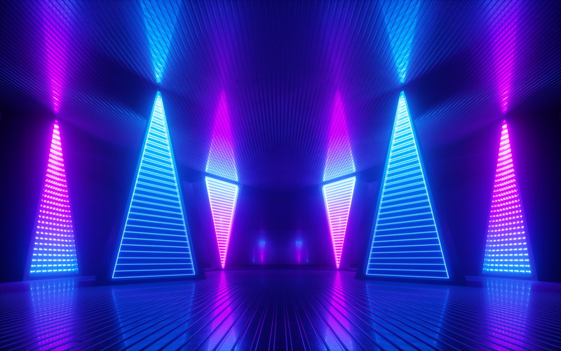 colorful, lines, 3D Abstract, mist, abstract, neon, glowing, futuristic, triangle, lights, electronic, pink, blue, 5K, room, reflection