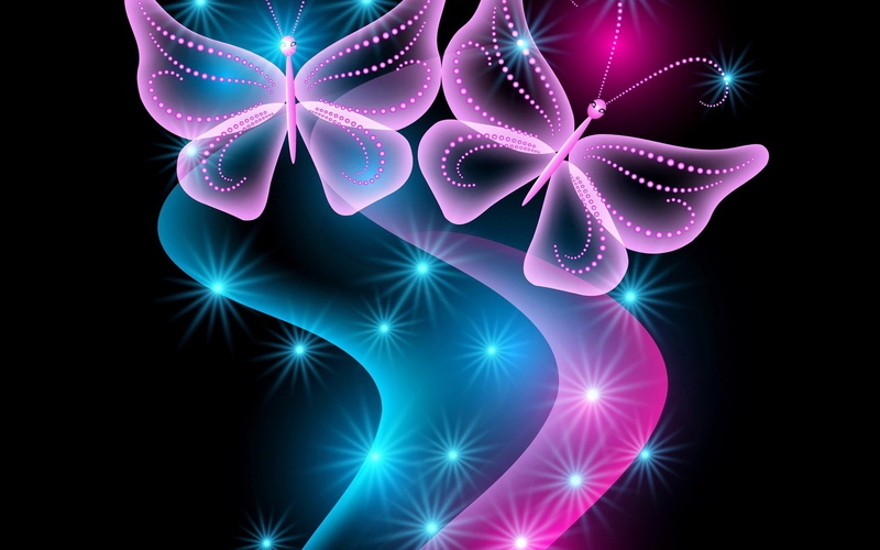 neon, 1080P, butterflies, abstract, glow, Pink, blue, sparkle, butterfly, 3d
