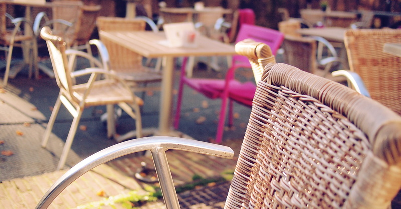 day, no people, dining, sunny, arrangement, close-up, street, in a row, chair, dinner, terrace, brown, empty, cafe, selective focus, interior design, food