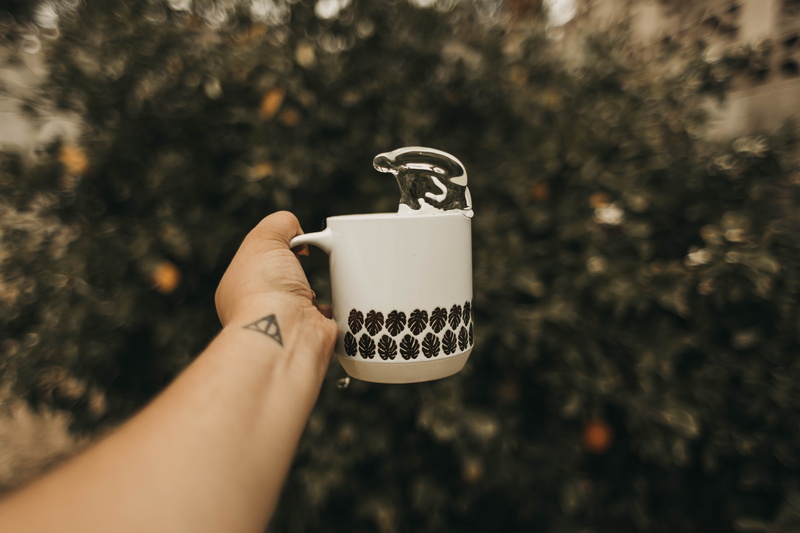 day, coffee cup, crockery, horn, brass section, 5K, cafe, human body part, trumpet, one person, focus on foreground, latte, person, holding, body part