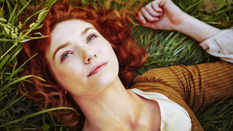 portrait, dyed red hair, beauty, relaxation, 1080P, one person, adult, lying down, hair, freckle, poldark, face, contemplation, Poldark (TV Series 2015– )