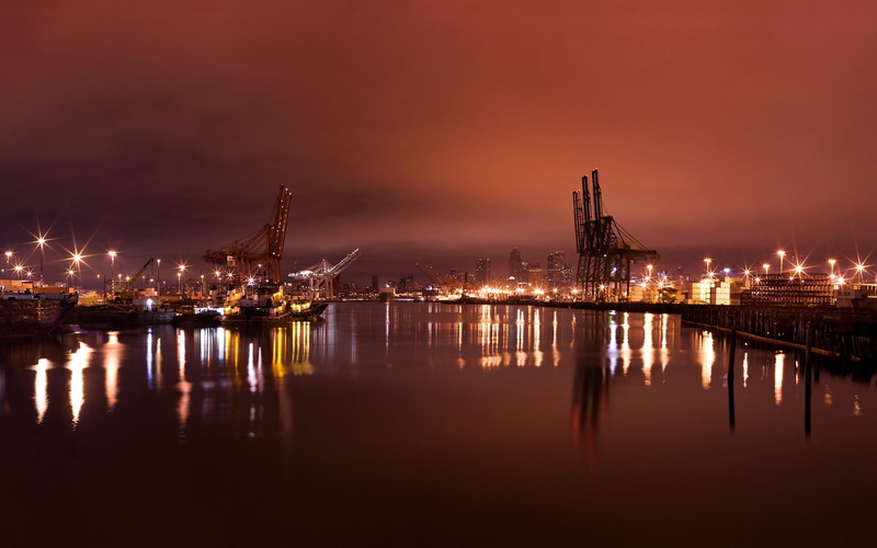 waterfront, city, harbor, nature, transportation, water, sea, sky, architecture, built structure, cityscape, illuminated, 1080P, ports, crane - construction machinery