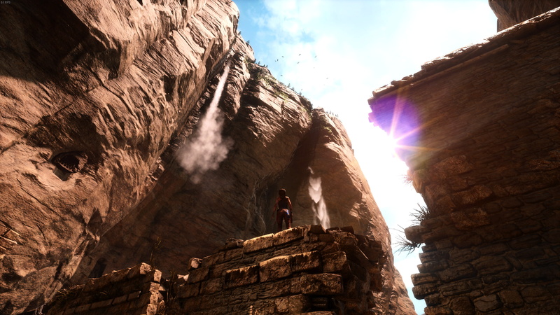 2K, sky, built structure, low angle view, rock formation, rock - object, solid, Rise of the Tomb Raider, sunlight, cloud - sky, physical geography, sunbeam