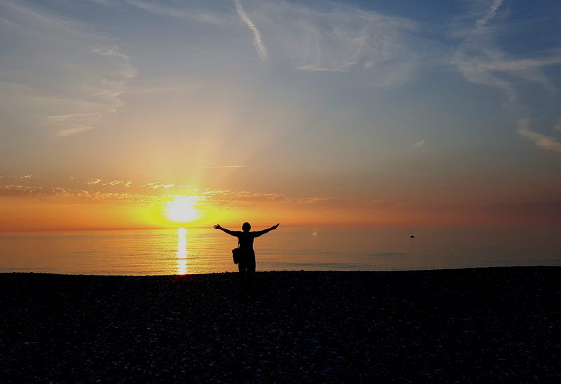 horizon over water, holidays, scenics - nature, Holiday, water, leisure activity, one person, cloud - sky, arms outstretched, tranquil scene, horizon, Sunset