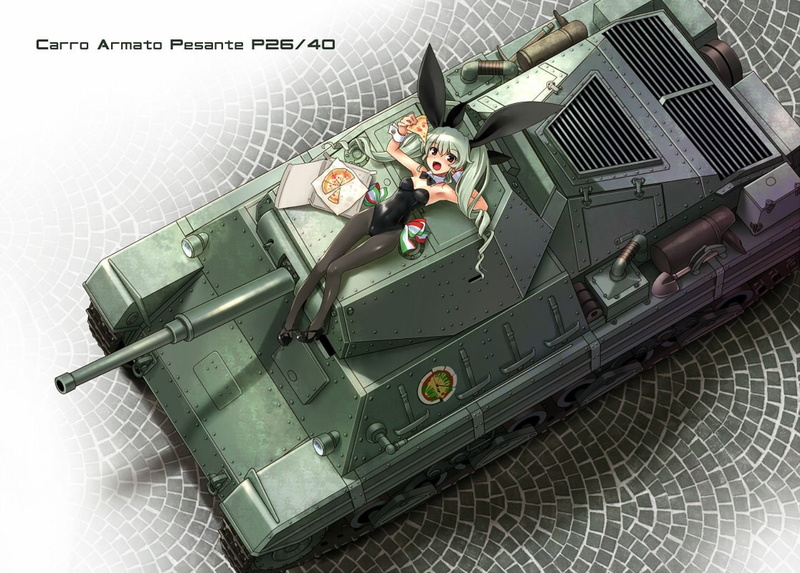 masashi, brown, und, hair, girls, vehicle, long, choker, food, anchovy, eyes, 720P, green, combat, bunnygirl, panzer, katahira