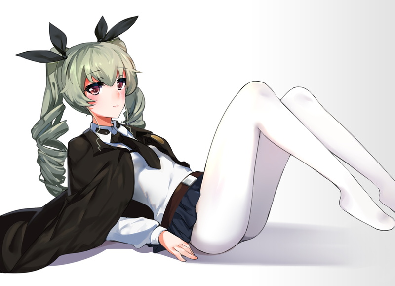 Anime, Green Hair, Girls und Panzer, Skirt, bow (Clothing), 2K, School Uniform, Long Hair, Blush, Twintails, Thigh Highs, Anchovy (Girls und Panzer), Red Eyes