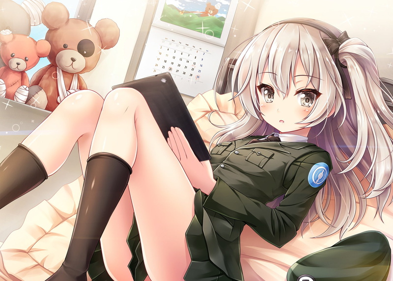Grey Eyes, Tablet, Girls und Panzer, Skirt, Anime, Long Hair, Arisu Shimada, 1080P, Blush, White Hair