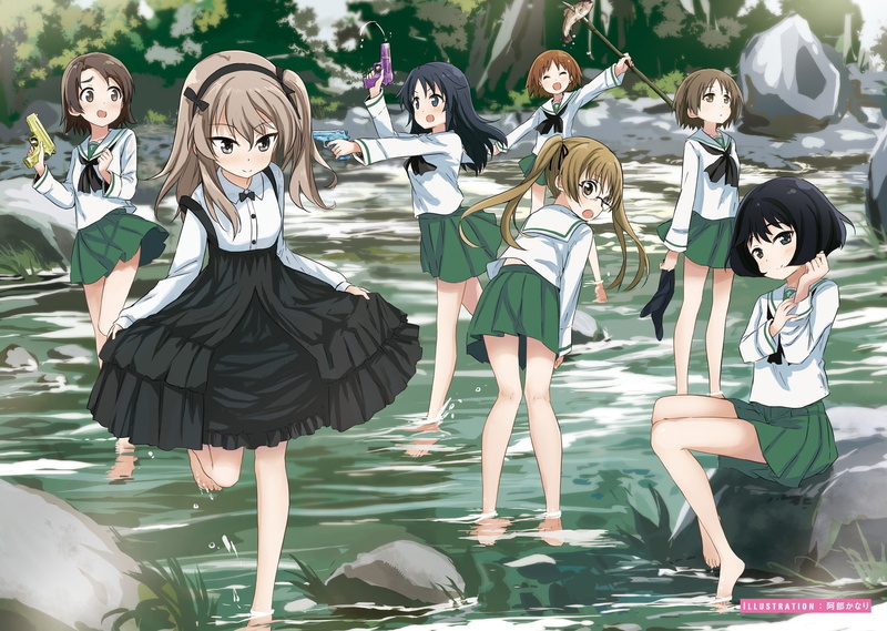 1080P, eyes, blush, azusa, oono, animal, dress, headband, barefoot, sawa, glasses, gun, group, twintails, short, brown, skirt, water, aya, fish, long