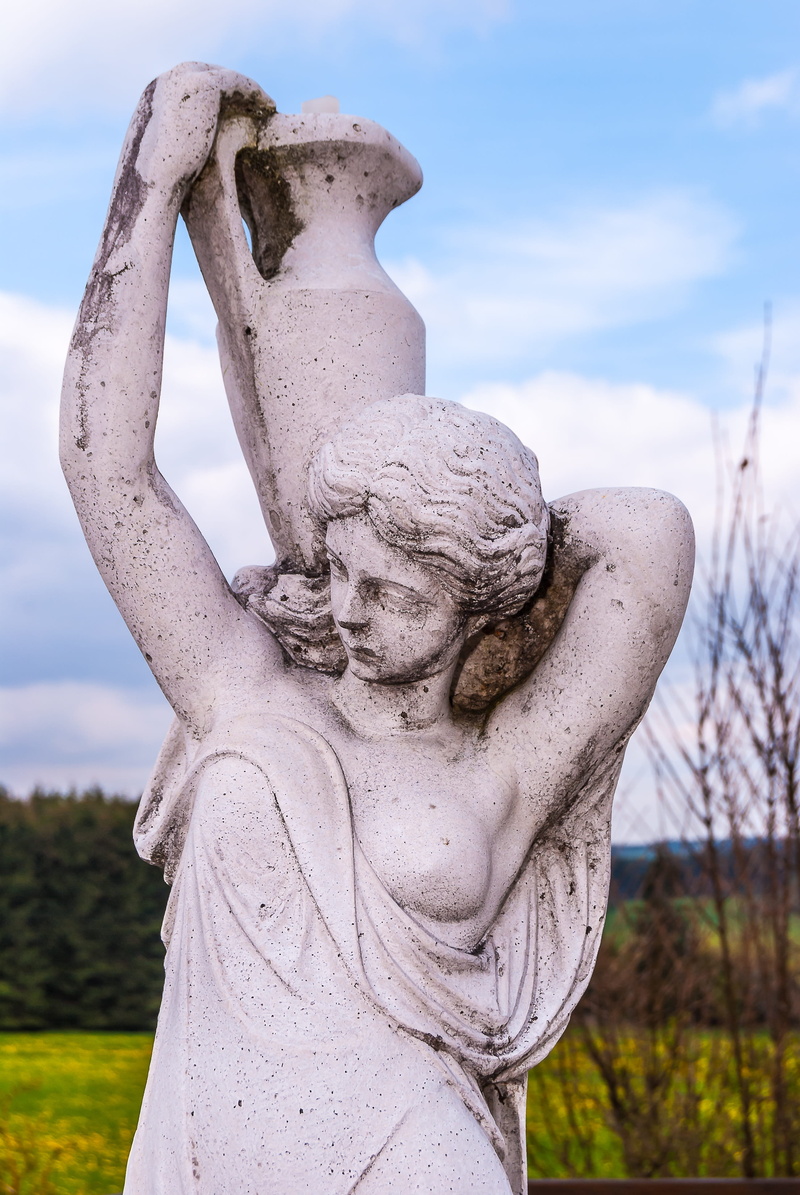 Greece, Spring, hell, clouds, face, female likeness, structure, representation, stone figure, Statue, sky, no people, antiquity, stone, Sky, human representation