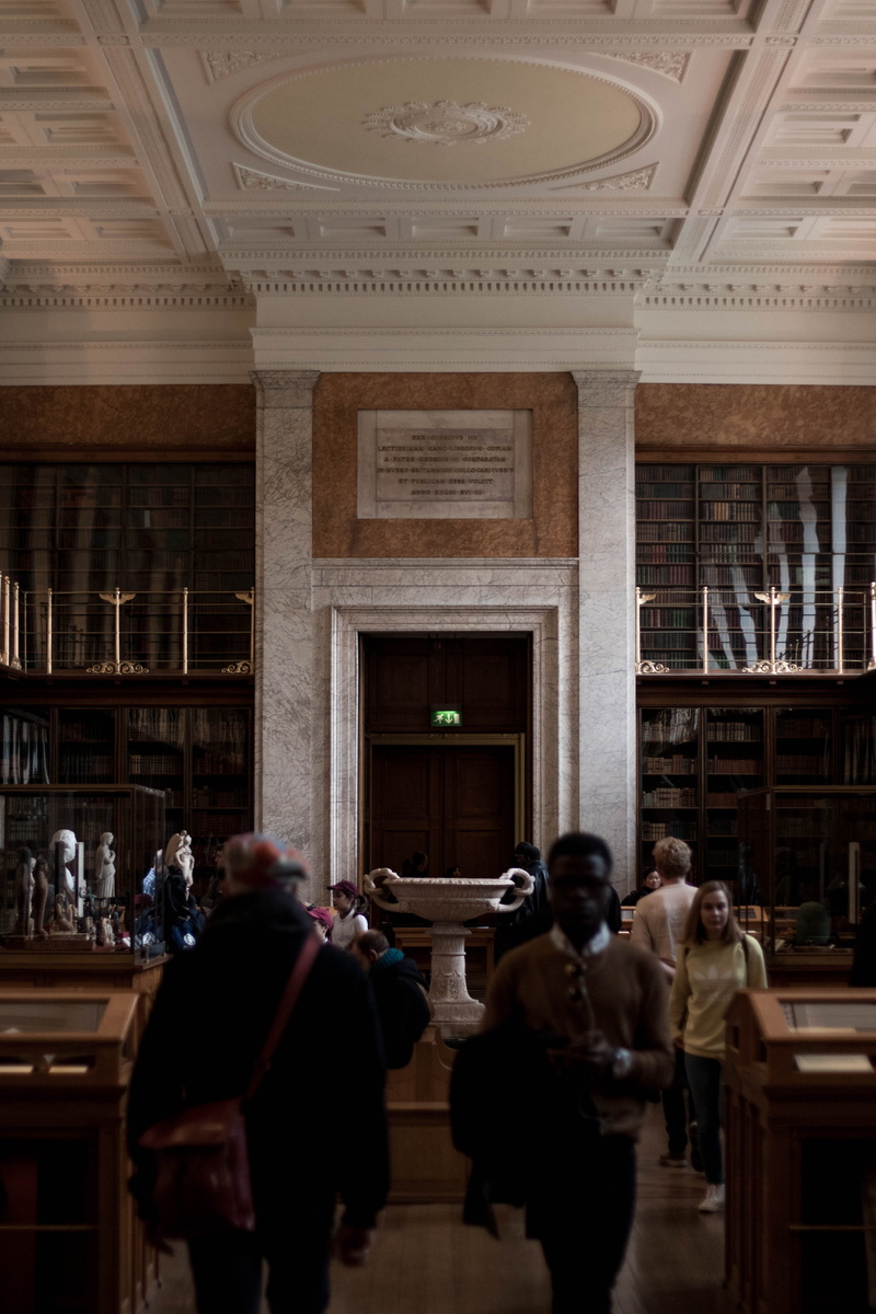 sculpture, large group of people, tourism, art, leisure activity, 5K, library, education, focus, ancient, architectural column, city, women, men, ceiling