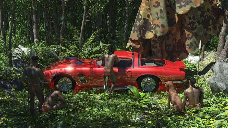 plants, spear, 2K, tribe, 3D, green, muscle car, rocks, tribesmen, render, parachutes, dog, car, CGI, jungle, wood, red, Daz 3D, forest, trees