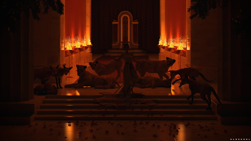 Greek, marble, throne, digital art, stairs, palace, 2K, lion, Blender, render, Circe, fire, Greek Columns, fox, CGI, The Odyssey, Daz 3D