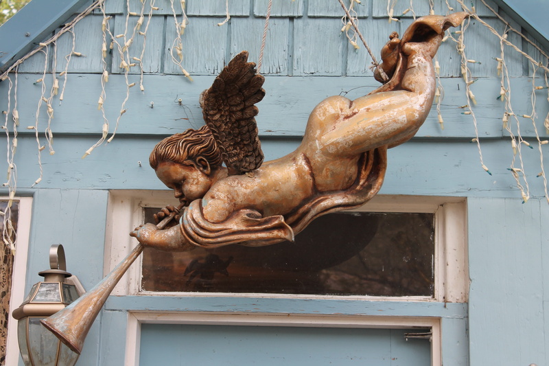 built structure, cherub, day, vintage, spiritual, hanging, amber avalona, chicken - bird, christian, angel, heaven, outdoors, religion, holy, representation