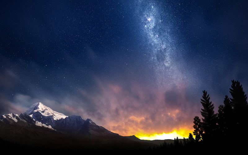 astronomy, Light, Augustus, Stars, mountain peak, snow, cold temperature, 720P, nature, Night, environment, snowcapped mountain, Sky, winter, cloud - sky