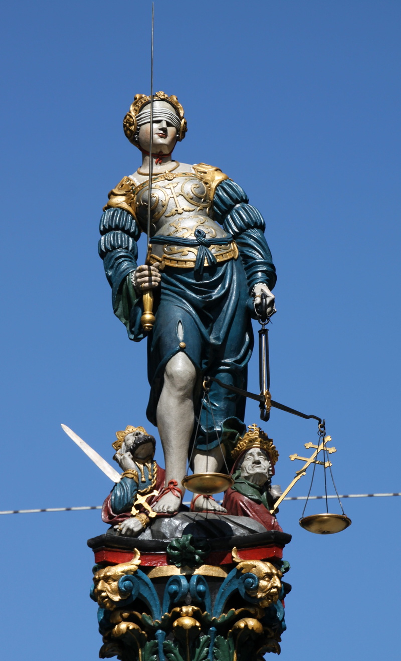 low angle view, downtown, sculpture, architecture, bern, male likeness, city of berne, historically, capital, old town, justitia, nature, the past, statue