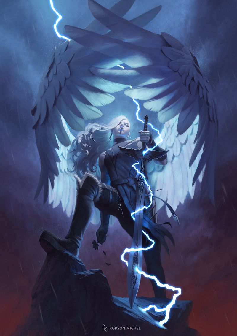 1080P, sword, women, drawing, standing, women with swords, angel, lightning, Robson Michel, wavy hair, sparks, white hair, flowers, angel wings, spark