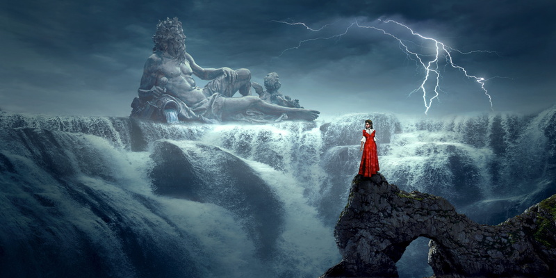 Fantasy, Water, 4K, Woman, Gods, Lightning, Mystical, Waterfall, Statue, Neptune (Deity)