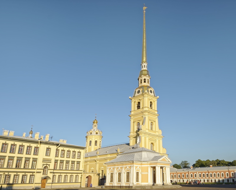 church, architecture, nature, 8K, city, russia, blue, day, place of worship, ornate, low angle view, peter-and-paul fortress, spire, travel, tower, travel destinations