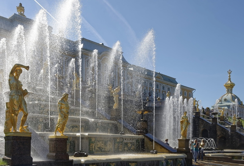 no people, russia, flowing, nature, great cascade, sunlight, water, representation, 1080P, sky, building exterior, fountain, outdoors, day, peterhof, city
